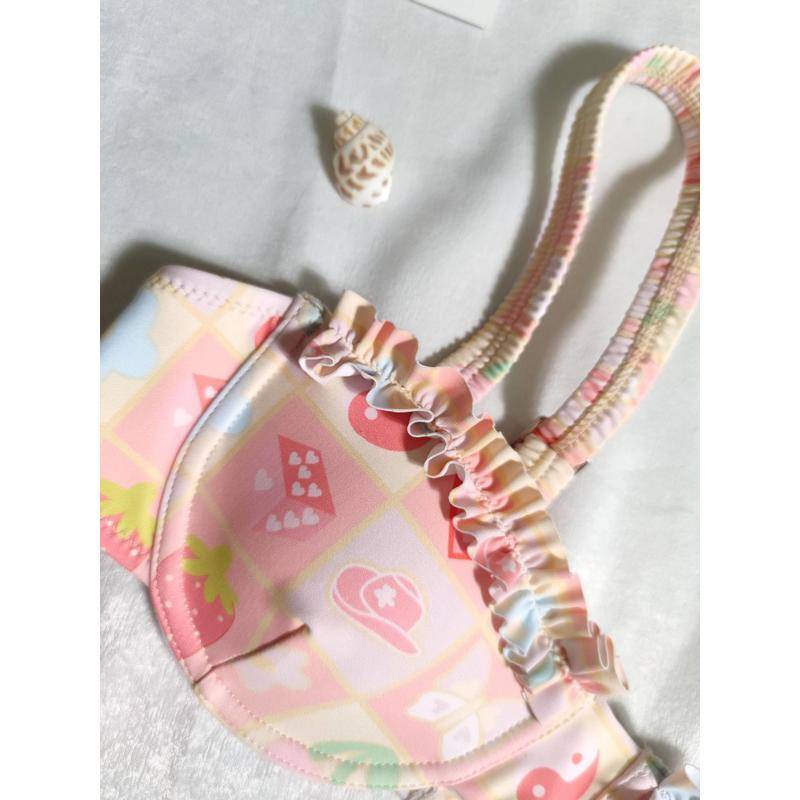 Bộ Bikini Nhún Bèo Màu Hồng Dễ Thương Phong Cách Âu Mỹ 2023 Thời Trang Cho Nữ