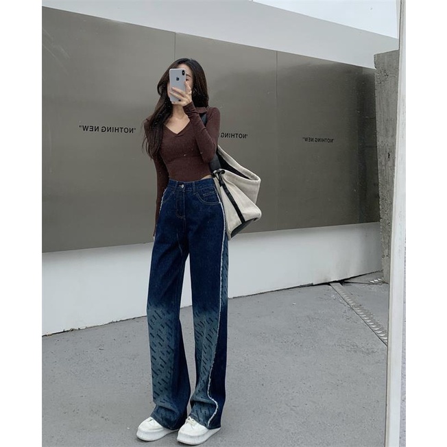 Quần Jean Lưng Cao Ống Rộng Màu Sắc Gradient Dễ Phối Đồ Thời Trang Xuân Thu Cho Nữ