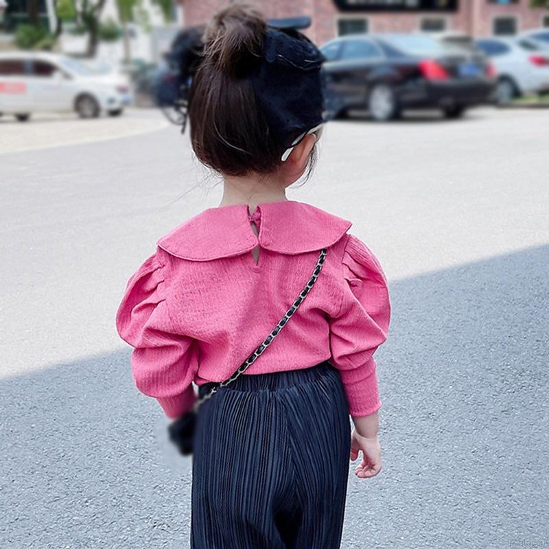 Áo thun tay dài phồng cổ Peter Pan cho bé gái 3-8 tuổi
