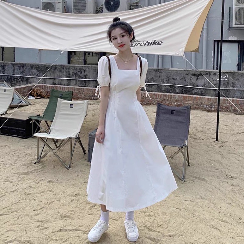Đầm Váy Trắng Dáng Dài Cộc Tay Cổ Vuông Tay Nơ Mặc Dự Tiệc Đi Du Lịch Full Size S M L | BigBuy360 - bigbuy360.vn