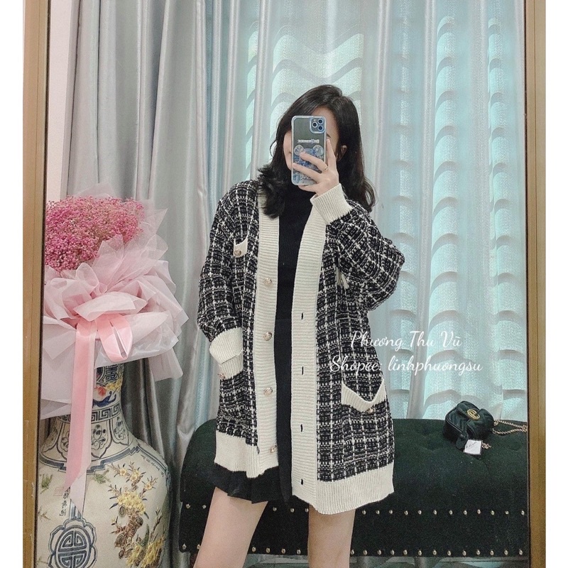 Áo Cardigan Len Nữ Dày Sọc Đen Trắng Có Túi, Cadigan Kẻ Kim Cương Ulzzang Hàn Quốc, Labibi / hường khểnh shop