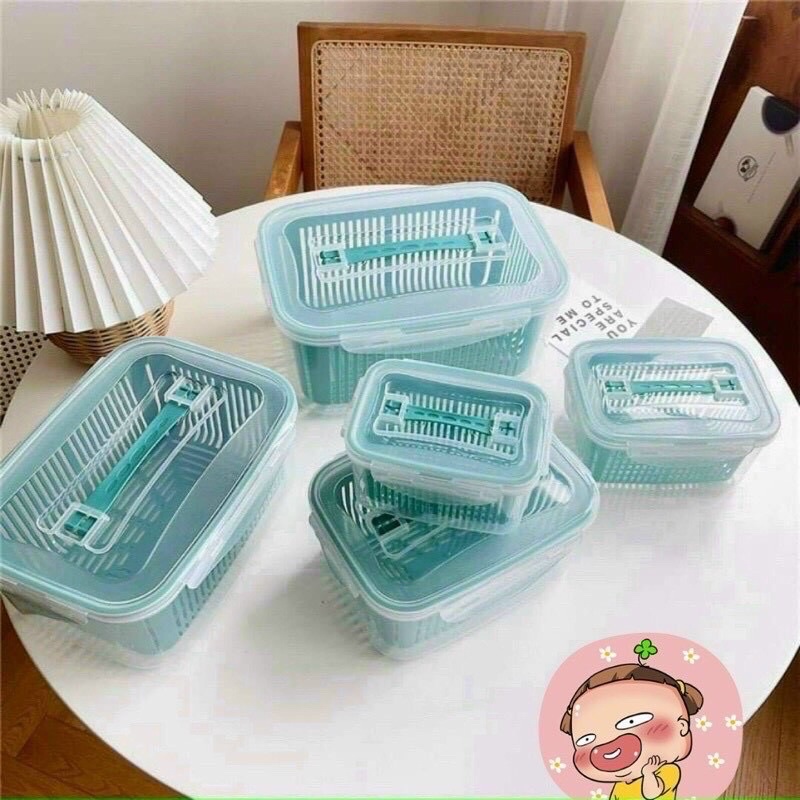 Hộp nhựa đựng thực phẩm bộ 5 món kèm rổ - Hộp bảo quản thức ăn, rau củ cất tủ lạnh tiện lợi