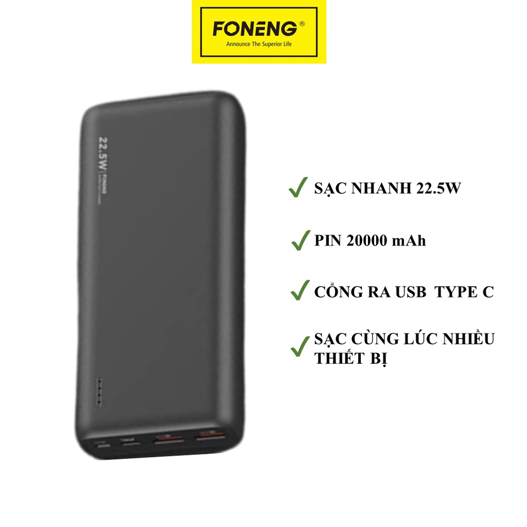 Sạc Pin Dự Phòng Foneng 20.000mAh P52- Sạc Nhanh PD 22.5W - Chính hãng Bảo Hành 12 Tháng