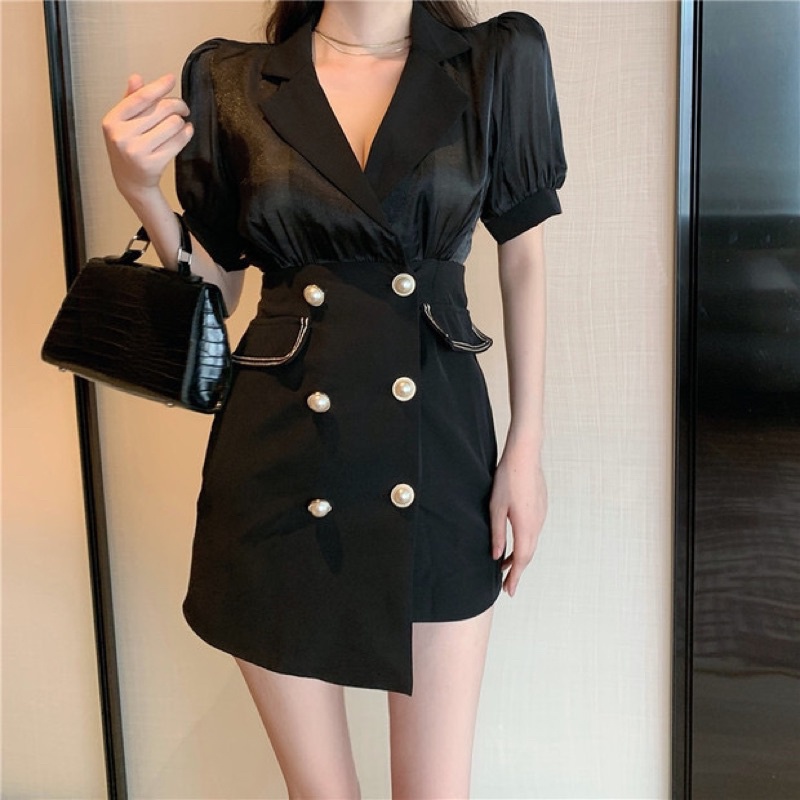 Váy liền cổ bẻ sơ mi vạt lệch phối cúc ngọc sang chảnh