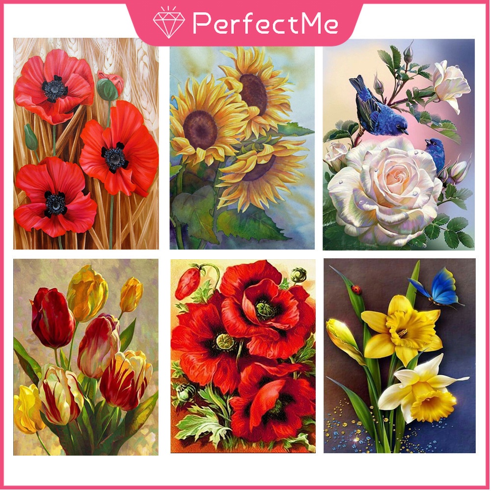 Bộ Tranh Đính Đá 5d Hạt Tròn Tự Làm Hình Hoa 40x50cm Nhiều Màu Sắc