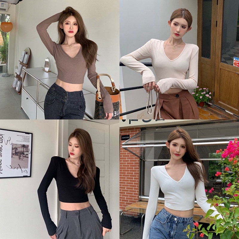 Áo Croptop Tay Dài Cổ Chữ V Khoét Sâu Phong Cách Hàn Quốc