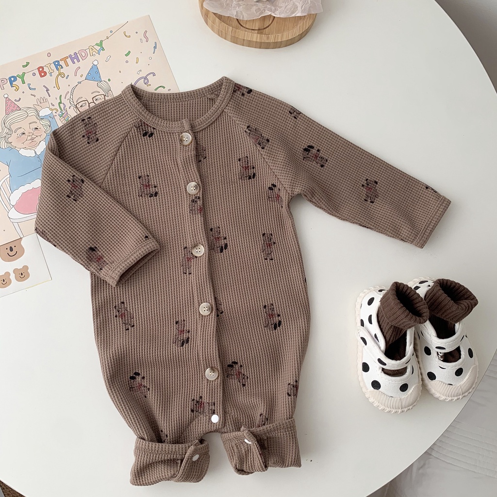 Bộ áo liền quần tay dài in hình chú gấu dễ thương thời trang mùa thu dành cho bé sơ sinh