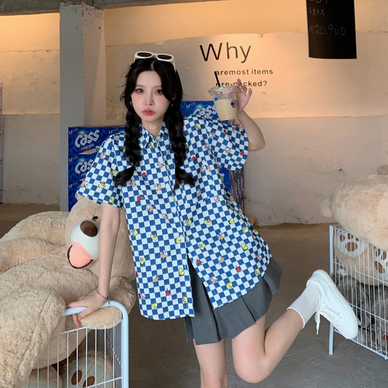 【ZHELIHANGFEI】Áo Sơ Mi Tay Ngắn Form Rộng Họa Tiết Sọc Theo Phong Cách Preppy Dễ Phối Đồ