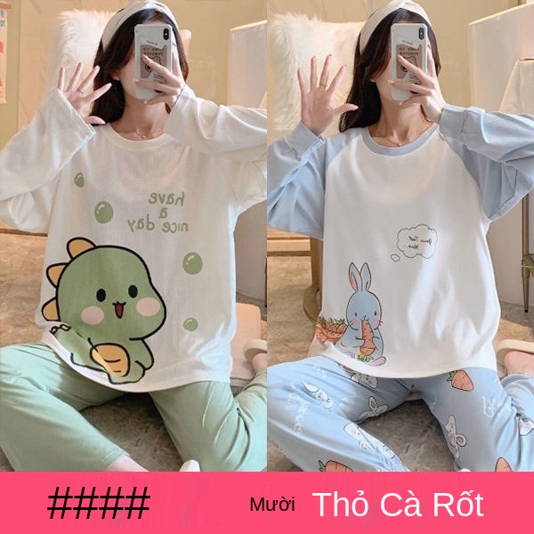 Bộ đồ ngủ dài tay dáng rộng in hình hoạt hình cho nữ mặc ở nhà