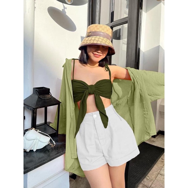 Set 3 Món Đi Biển, Set 3 Món Áo 2 Dây, Quần Đùi Và Áo Khoác, Quyến Rũ Chất Thô, Đũi QC, Item Không Thể Thiếu Hè 2022