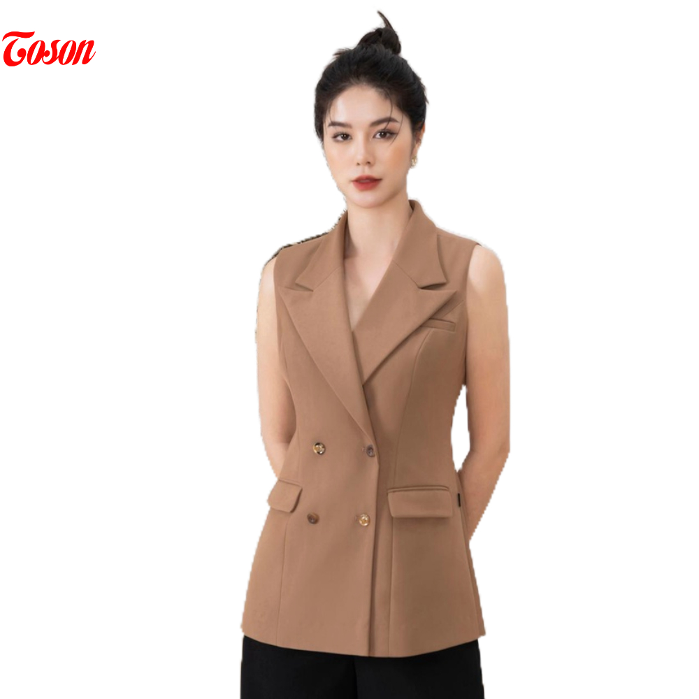 Áo Blazer be nâu, cổ K sát nách cài 2 hàng khuy tuýp si hàn Toson 84444E52