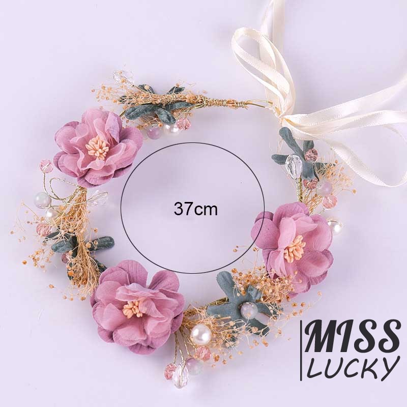 Vòng hoa vải trang trí ngọc trai giả phong cách bohemian cho cô dâu