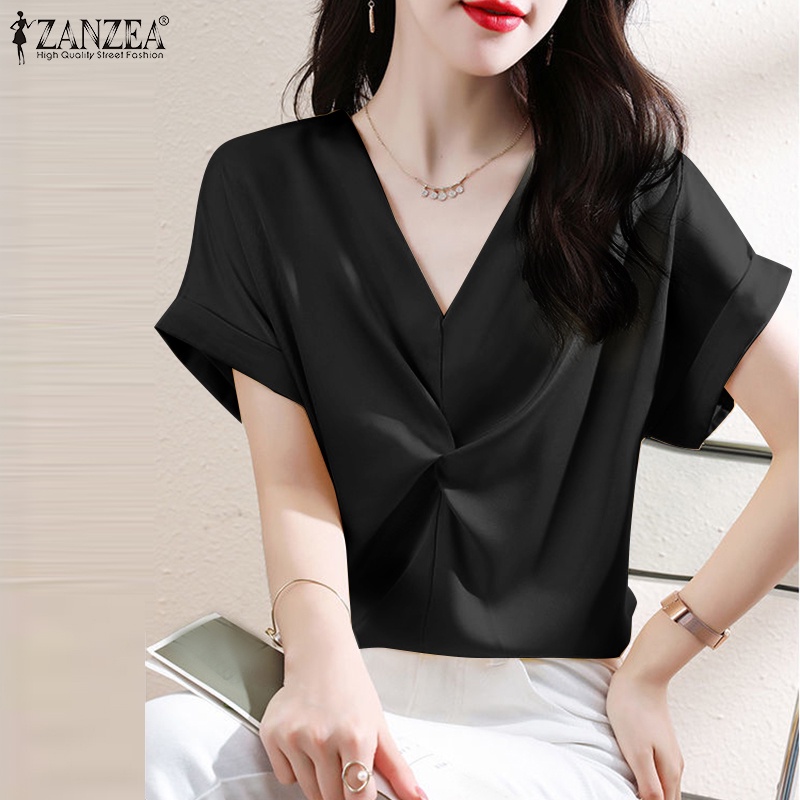 ZANZEA Áo Sơ Mi Vải Satin Tay Ngắn Cổ Chữ V Thời Trang Cho Nữ