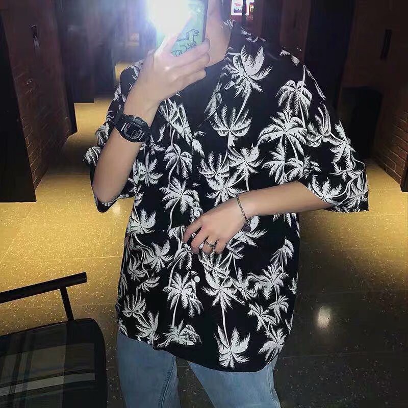 Áo Sơ Mi Tay Ngắn Dáng Rộng In Họa Tiết Cây Dừa Kiểu Hàn Quốc Thời Trang Cho Nam