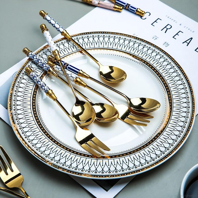 Muỗng cà phê bằng thép không gỉ cán dài mạ vàng thời trang