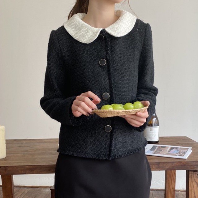 Áo khoác dạ tweed cổ tháo rời Hàn Quốc