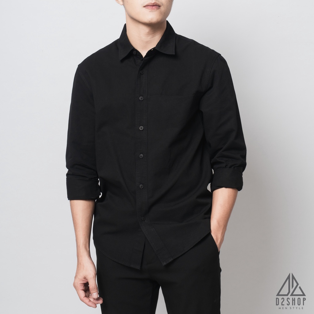 Áo sơ mi nam D2shop, áo sơ mi dài tay nam, vải xéo, túi mổ, màu đen