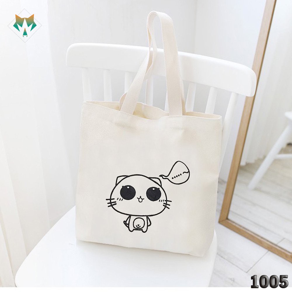 TÚI TOTE TRẮNG CHẤT VẢI CANVAS 1005 466 CHÚ MÈO SUY TƯ HÀNG CHUẨN ĐẸP