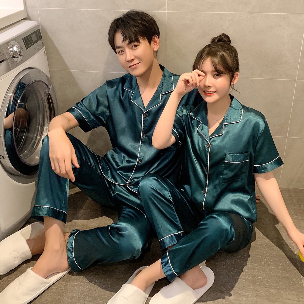 Đồ ngủ & Đồ mặc nhà℗✿✽Bộ đồ ngủ đôi nữ lụa mùa hè Hàn Quốc quần ngắn tay mỏng pyjama nam băng cỡ lớn phục vụ tại n