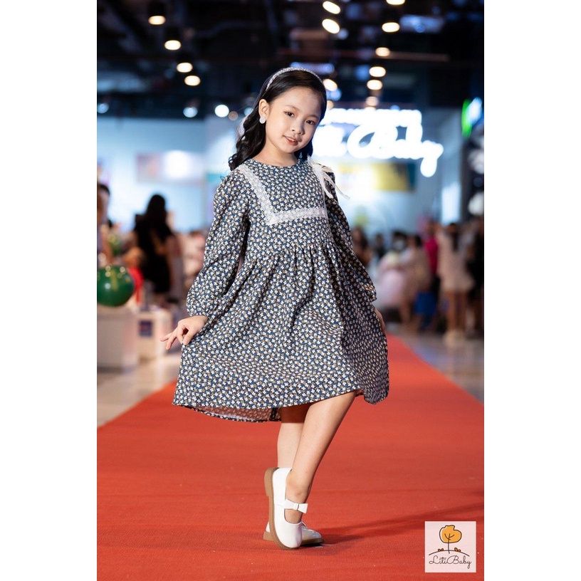 Váy bé gái LITIBABY tay dài công chúa xinh đẹp, viền ren vuông size 6 đến 10 tuổi
