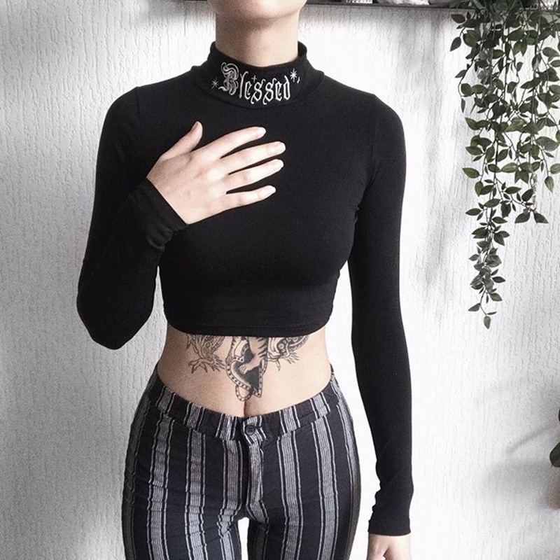 Áo croptop TODOBLACK tay dài thêu chữ phong cách gothic harajuku cổ điển thời trang cho nữ