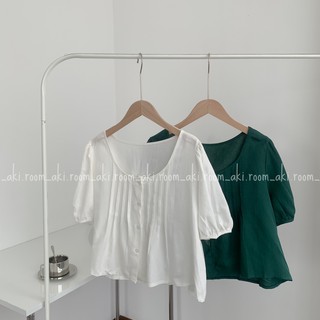 Áo linen cổ tròn dáng lửng xòe xếp ly ngực