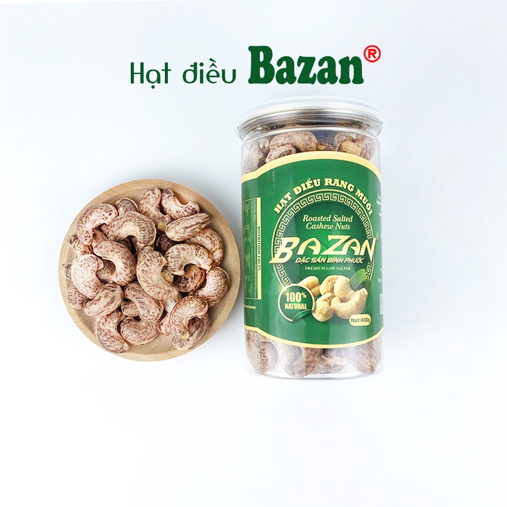 Hạt điều rang muối Bazan Bình Phước nguyên hạt dinh dưỡng A+ loại 1 hộp 400g nắp bật còn vỏ lụa | BigBuy360 - bigbuy360.vn