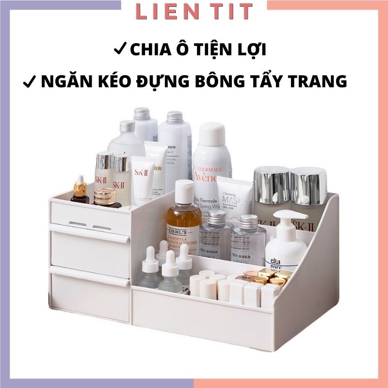 Kệ đựng mỹ phẩm, hộp đựng mỹ phẩm có ngăn kéo đựng bông tẩy trang nhựa chắc chắn