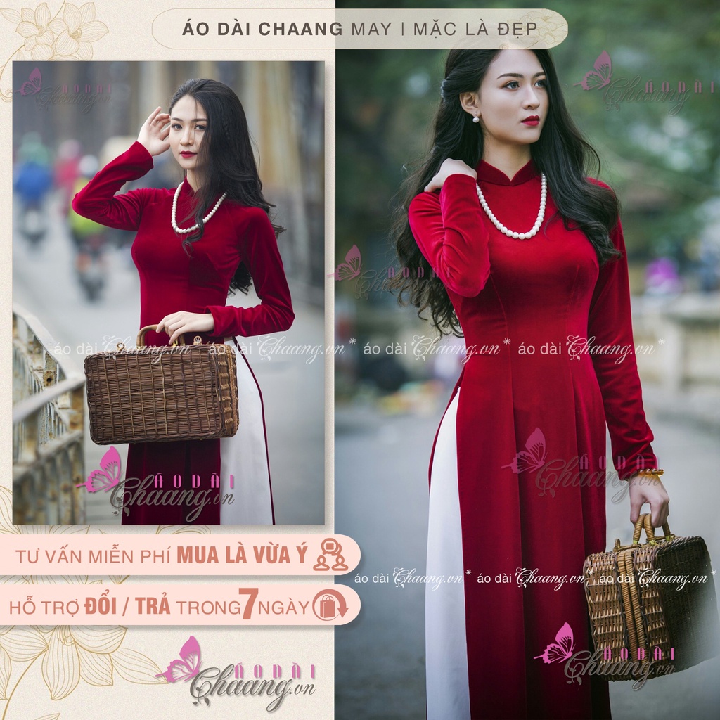 ÁO DÀI NỮ NHUNG ĐỎ MAY SẴN ĐẸP CHẤT VẢI CAO CẤP CO GIÃN TỐT TA21