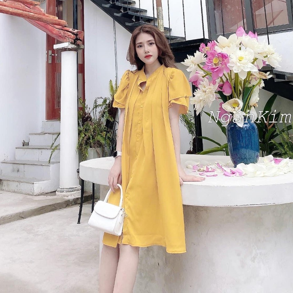 Váy Bầu Sơ Mi Cổ Tàu Xếp Ly Dáng Suông Công Sở Đầm Bầu Hè Ngắn Tay Đi Làm HD2626 Honey Mommy