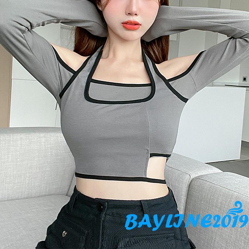Áo Thun Dài Tay Hở Vai Giả Hai Lớp Màu Xám/Đen Thời Trang Xuân Hè Cho Nữ
