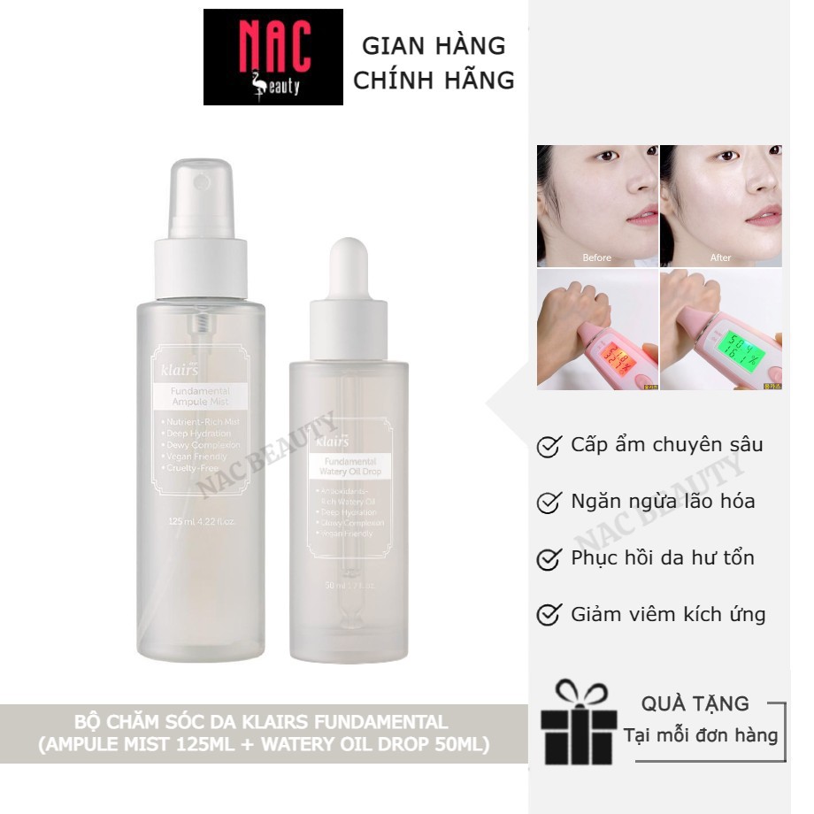 Combo Dưỡng Da, Cấp Ẩm Chuyên Sâu Klairs Fundamental (Ampule Mist 125ml + Watery Oil Drop 50ml) _ Klairs Chính Hãng