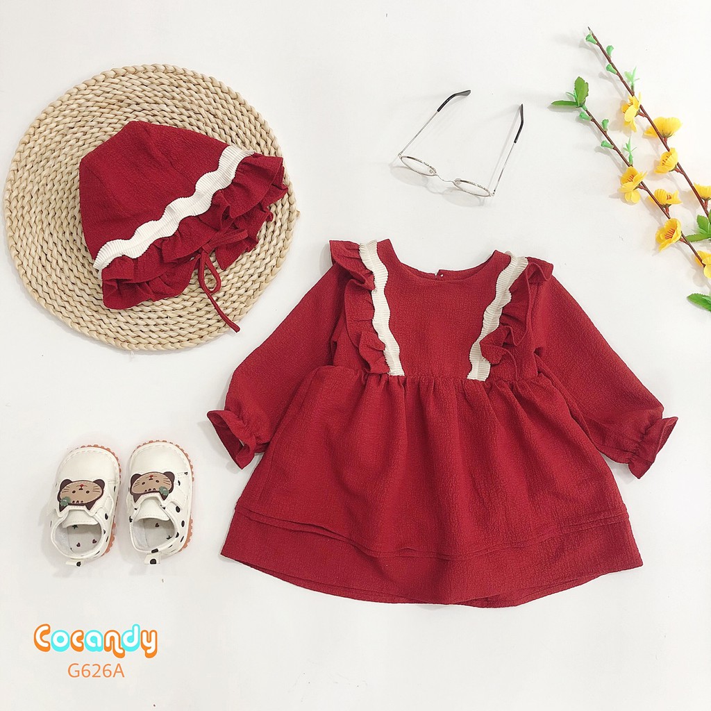 [Cocandy Official Store] Set váy babydoll cho bé kèm mũ chất liệu đũi màu đỏ