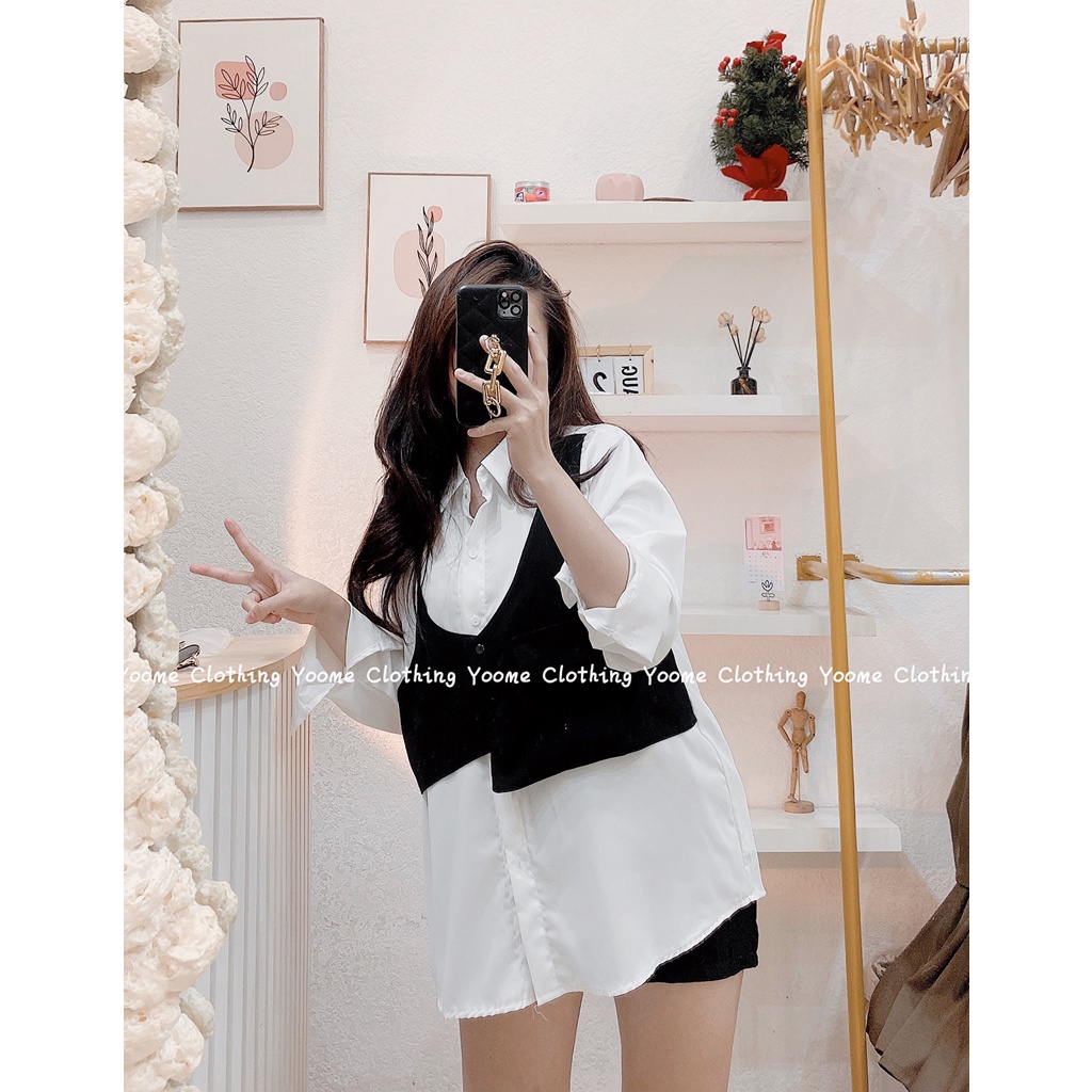 Set sơ mi kèm gile phối 2 dây chất lụa trượt không nhăn yoome clothing