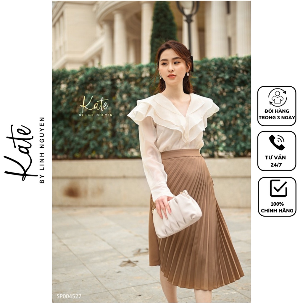 Áo sơ mi nữ tơ Hàn bèo to cổ V 4434 chân váy xếp ly lệch tà đính cúc 4527 thời trang thiết kế KATE By Linh Nguyen