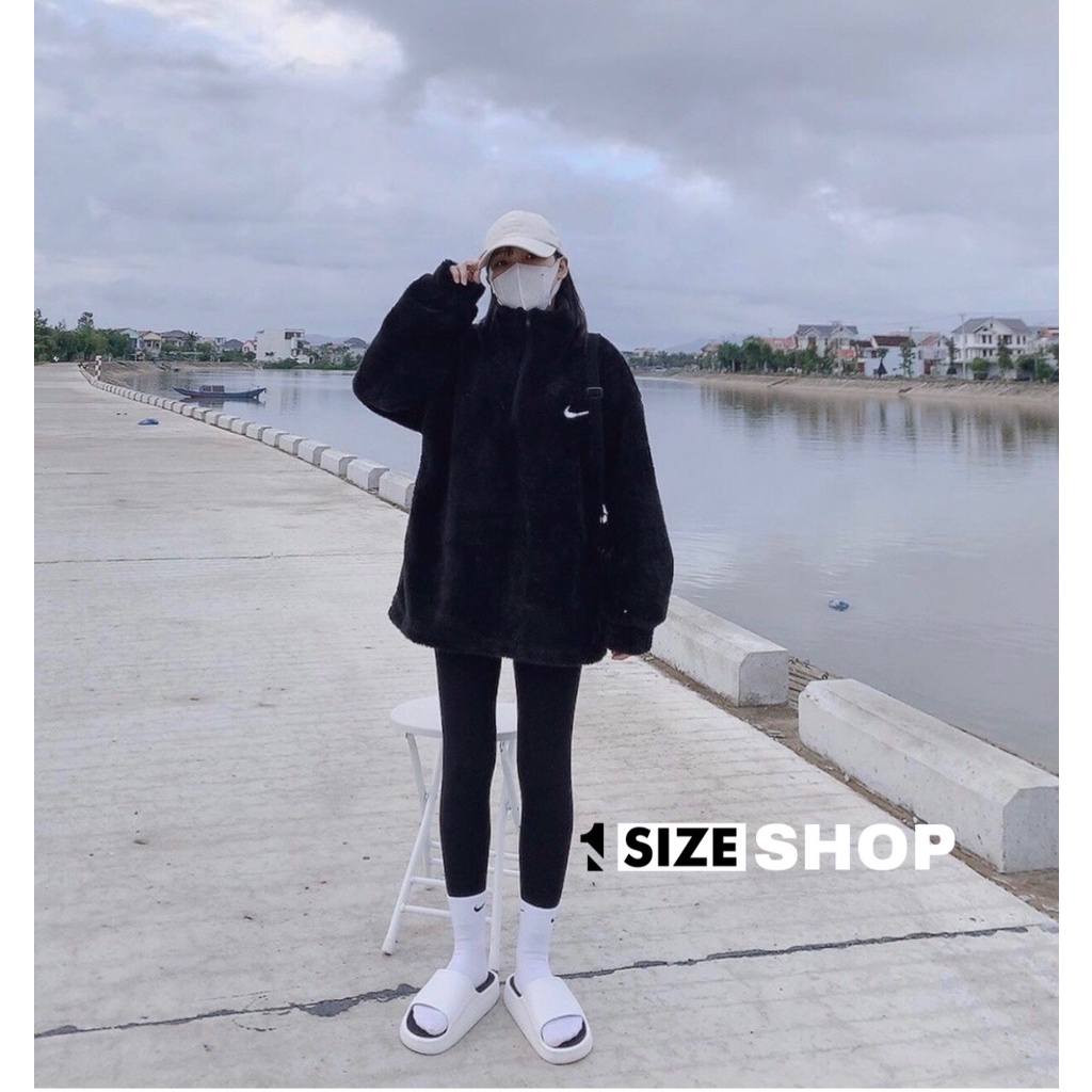 Áo sweater cổ lọ lông cừu thêu logo NI tay dài dáng rộng 2 màu đen,trắng dễ phối đồ 1sizeshop