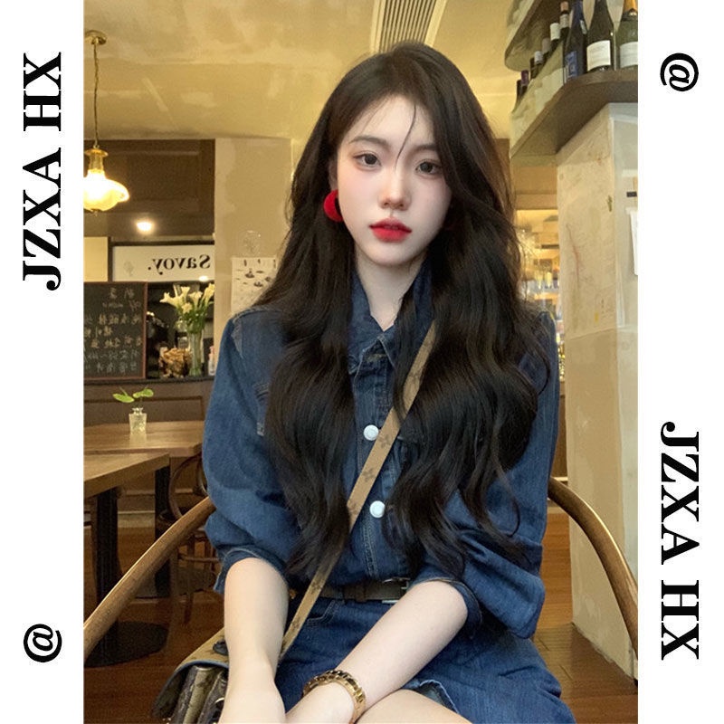 Đầm Denim Tay Dài Ôm Eo Cỡ Lớn Phong Cách Pháp Thời Trang Cho Nữ