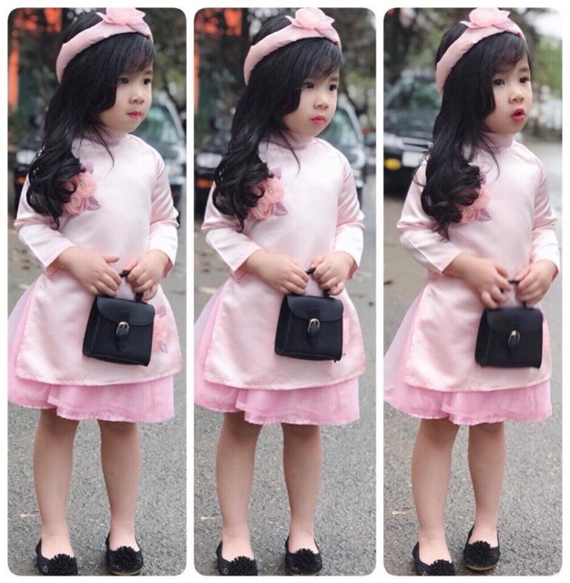 Set áo dài gấm kèm mấn bé gái