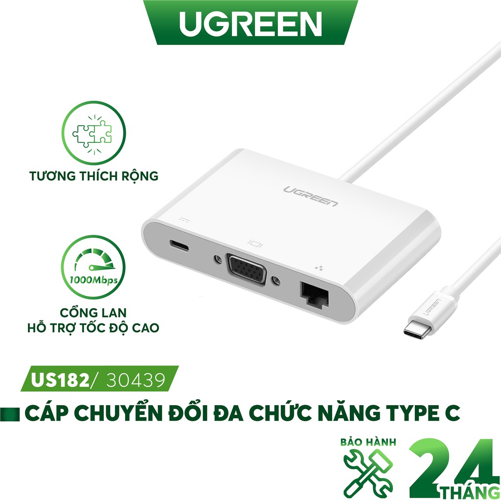 Cáp chuyển đổi USB Type C sang VGA + Hub USB 3.0 và USB2.0 UGREEN US182 30439