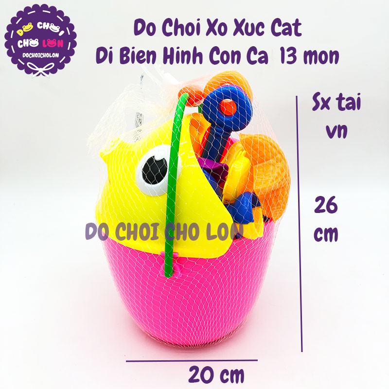 Đồ chơi xô xúc cát đi biển hình con CÁ 13 món bằng nhựa túi lưới