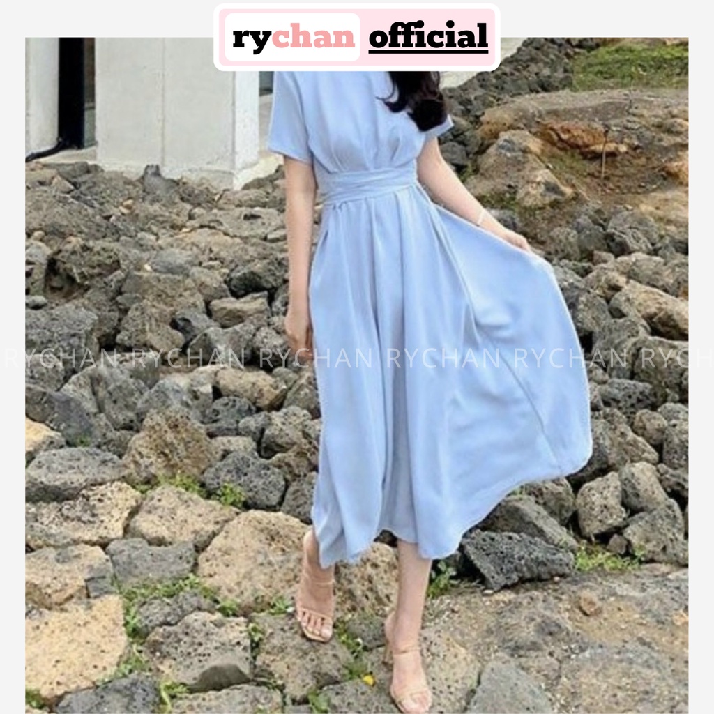 [ẢNH THẬT CUỐI] Đầm Nữ Đi Du Lịch Dáng Xòe Cổ Tròn Tay Ngắn Chéo Eo Đơn Giản Thoải Mái Màu Xanh Biển - DX9923