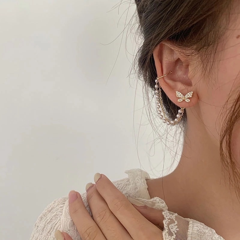 Bông Tai Dáng Dài Đính Đá Và Ngọc Trai Giả Hình Bướm Phong Cách Hàn Quốc