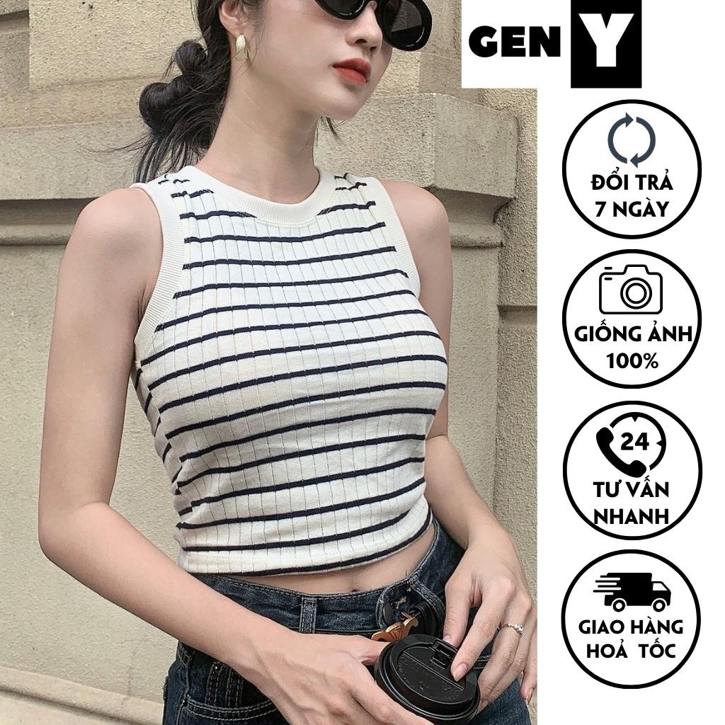 Áo ba lỗ nữ giả len màu trắng phối sọc đen GenY, Áo kiểu nữ sát nách kẻ ngang vải dệt kim mềm