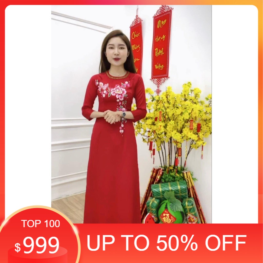 Áo Dài Truyền Thống Nữ Trơn Cổ Tròn Đỏ Đô Chất Vải Tây Thi Thêu Áo Dài Chuẩn Phom Cam kết Chất Lượng