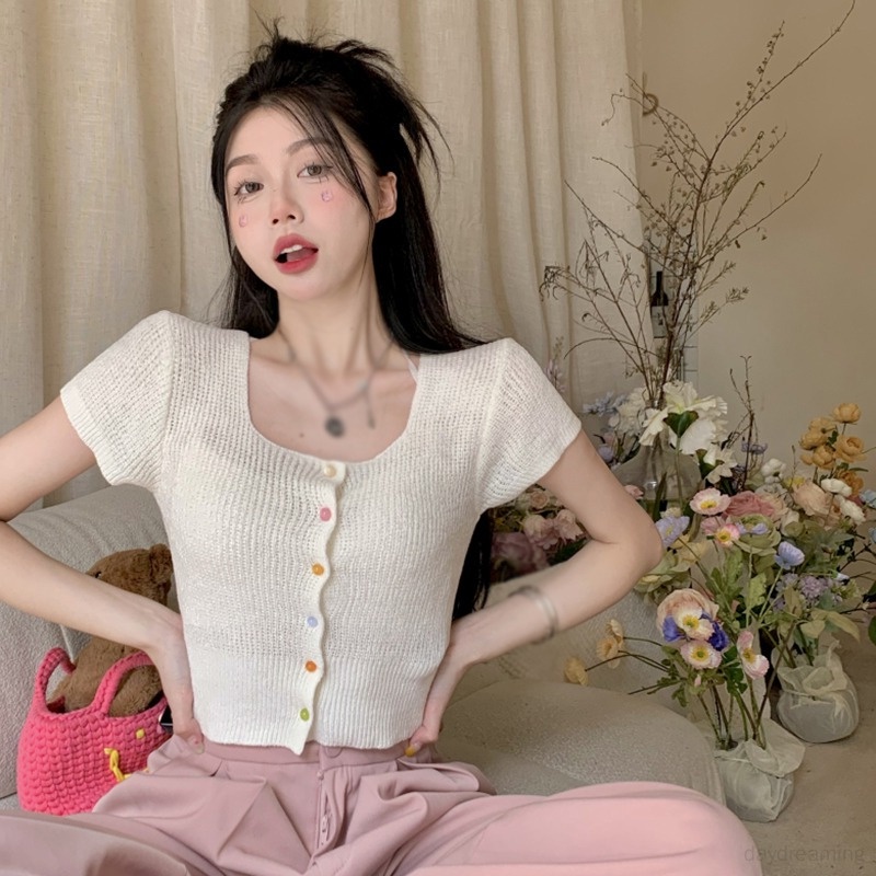 Áo Croptop Dệt Kim Tay Ngắn Màu Sắc Trơn Phong Cách Hàn Quốc Thời Trang Cho Nữ