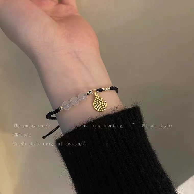 Vòng Tay Dây Bện Mặt Đá Opal Phiên Bản Hàn Quốc Màu Đen Có Thể Điều Chỉnh Cho Bạn Gái