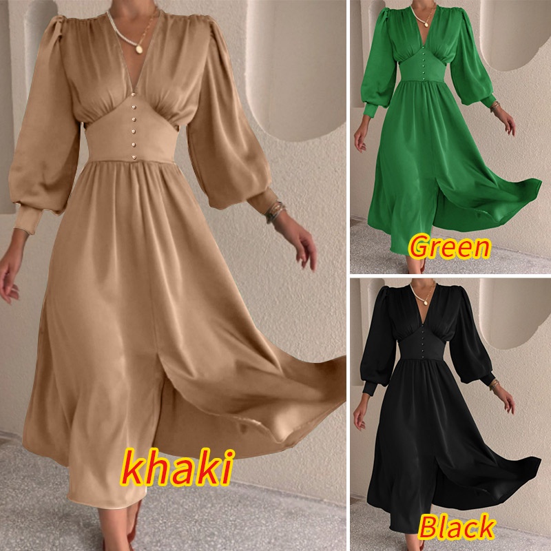 Đầm Dài Zanzea Dáng Chữ A Tay Phồng Cổ Chữ V Ôm Eo Phối Khóa Kéo Thời Trang Cho Nữ