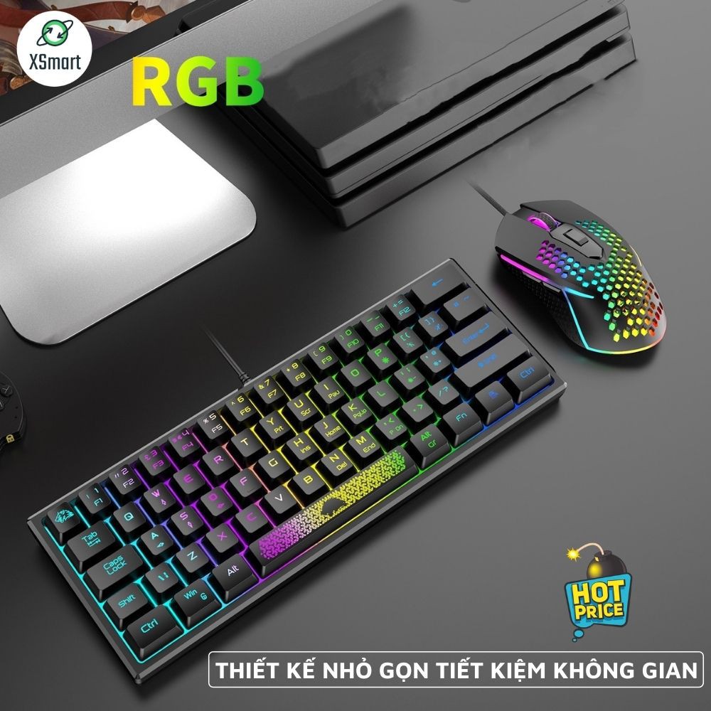 Bàn Phím Mini K61 LED RGB 10 Chế Độ Rainbow Cực Đẹp, Phím Bấm Êm, Thiết Kế Nhỏ Gọn, Dùng Cho Máy Tính, Laptop,PC -XSmart