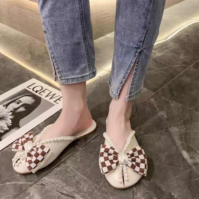 SALE— Sục da mềm mũi tròn viền cườm đính nơ CARO BIG SIZE 41-43