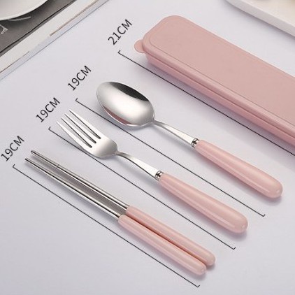 Bộ Thìa Đũa Dĩa Lúa Mạch Cán Gỗ Inox Có Hộp Đựng Cao Cấp